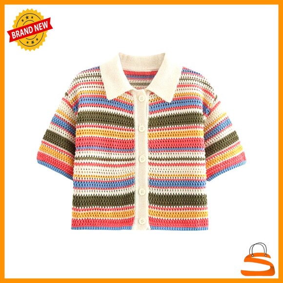 Tops - Cropped Polo Sweater Striped Button-Up Knit Top Short Sleeve